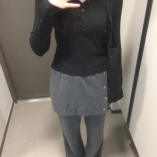 Ribbed V-neck Button Detail Delicate Long Sleeve T-shirt