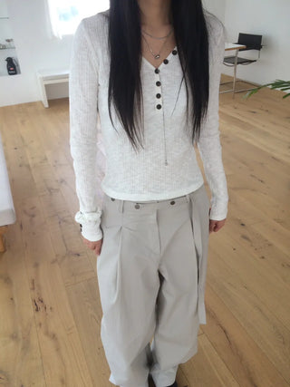 Ribbed V-neck Button Detail Delicate Long Sleeve T-shirt