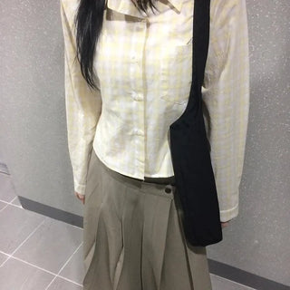 Blur Check Crop Collar Pocket Long Sleeve Shirt
