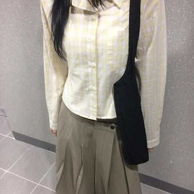 Blur Check Crop Collar Pocket Long Sleeve Shirt