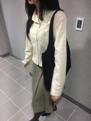 Blur Check Crop Collar Pocket Long Sleeve Shirt
