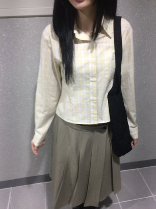 Blur Check Crop Collar Pocket Long Sleeve Shirt