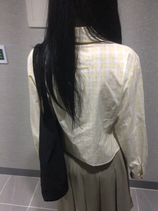 Blur Check Crop Collar Pocket Long Sleeve Shirt
