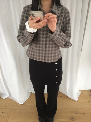 Blur Check Crop Collar Pocket Long Sleeve Shirt