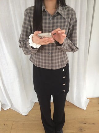 Blur Check Crop Collar Pocket Long Sleeve Shirt