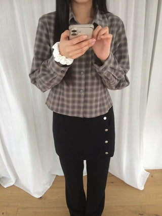 Blur Check Crop Collar Pocket Long Sleeve Shirt
