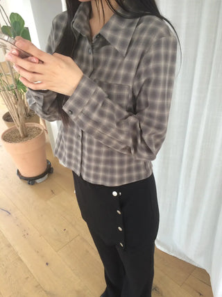 Blur Check Crop Collar Pocket Long Sleeve Shirt