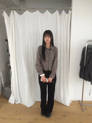 Blur Check Crop Collar Pocket Long Sleeve Shirt