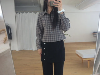 Blur Check Crop Collar Pocket Long Sleeve Shirt