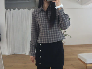 Blur Check Crop Collar Pocket Long Sleeve Shirt