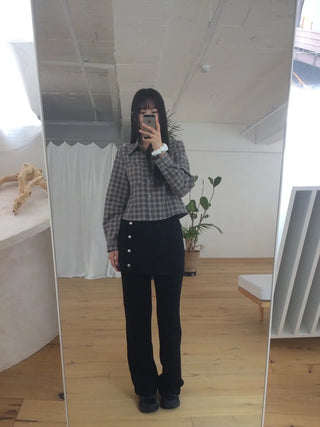 Blur Check Crop Collar Pocket Long Sleeve Shirt