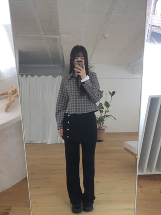 Blur Check Crop Collar Pocket Long Sleeve Shirt