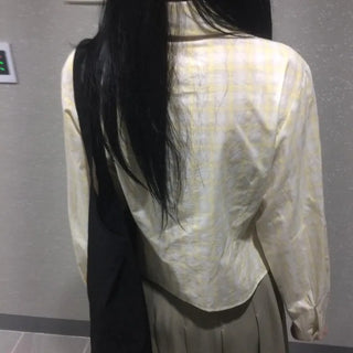 Blur Check Crop Collar Pocket Long Sleeve Shirt