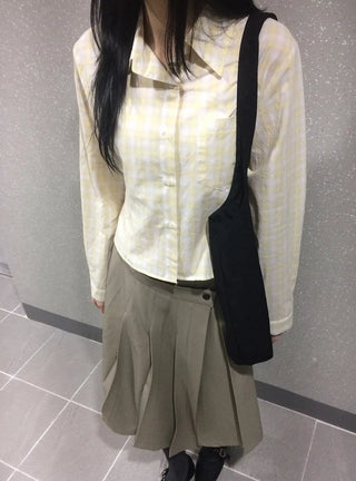 Blur Check Crop Collar Pocket Long Sleeve Shirt