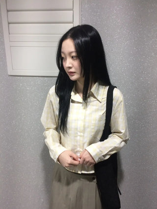 Blur Check Crop Collar Pocket Long Sleeve Shirt
