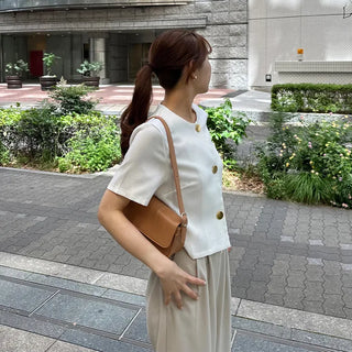 Round-button collarless half-sleeve jacket