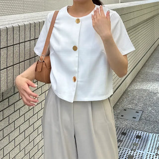 Round-button collarless half-sleeve jacket