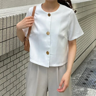 Round-button collarless half-sleeve jacket