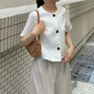 Round-button collarless half-sleeve jacket