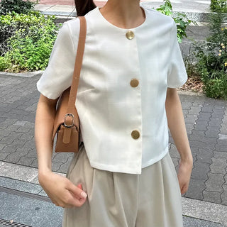 Round-button collarless half-sleeve jacket