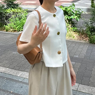 Round-button collarless half-sleeve jacket