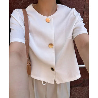 Round-button collarless half-sleeve jacket