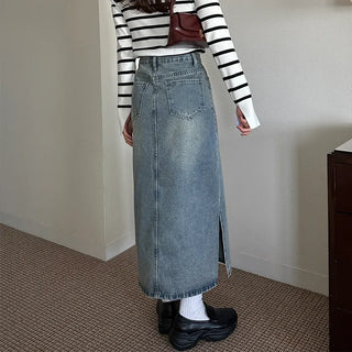 Long slit denim skirt