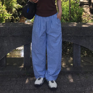 Gingham check wide seersucker pants