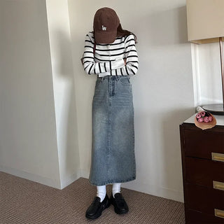 Long slit denim skirt