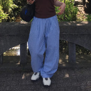 Gingham check wide seersucker pants