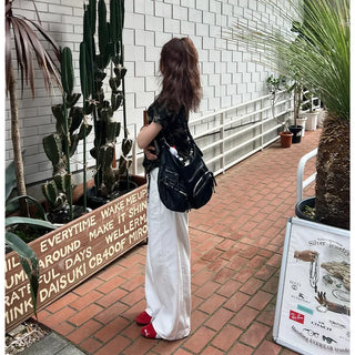 Back embroidered wide cotton pants