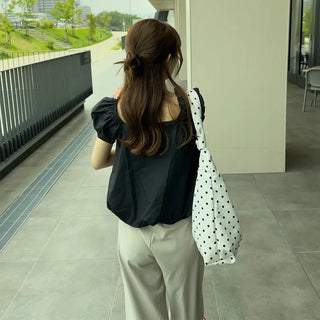 Shirred puff ribbon blouse