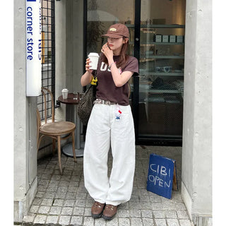 Back embroidered wide cotton pants