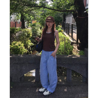 Gingham check wide seersucker pants