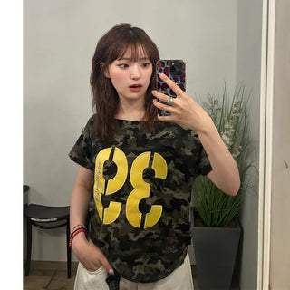 Camouflage Shoulder Number Lettering T-Shirt