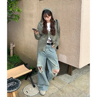 (Unisex) Distressed Mesh Hooded Zip-Up