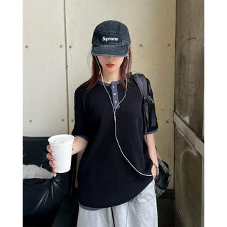 Henley neck waffle knit top