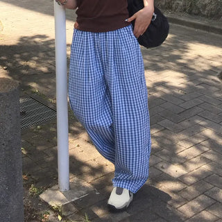 Gingham check wide seersucker pants