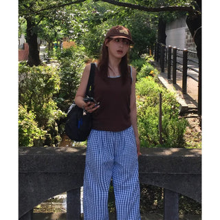 Gingham check wide seersucker pants