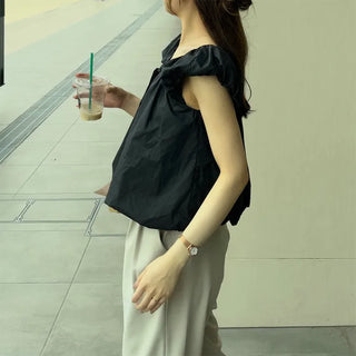 Shirred puff ribbon blouse