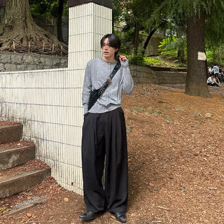Cotton pleated wide slacks