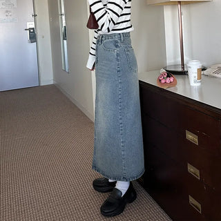 Long slit denim skirt