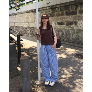 Gingham check wide seersucker pants