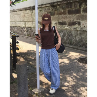 Gingham check wide seersucker pants