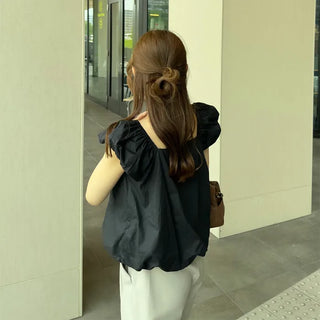 Shirred puff ribbon blouse