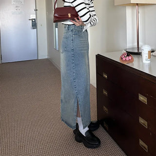 Long slit denim skirt