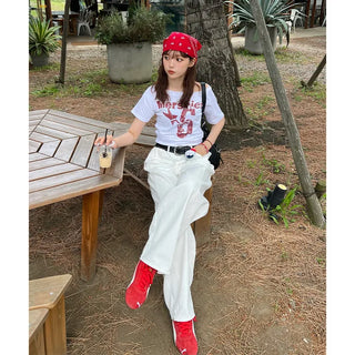 Back embroidered wide cotton pants