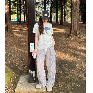 Striped string wide pants