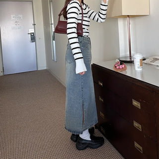 Long slit denim skirt