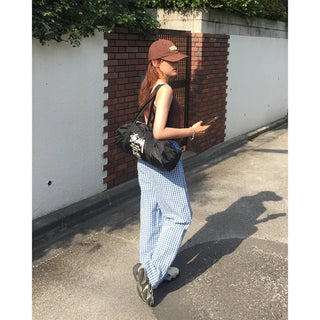 Gingham check wide seersucker pants